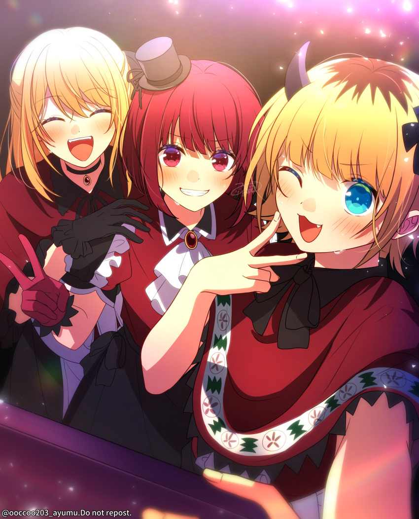 3girls :3 absurdres arima_kana ascot ayumu8828 black_bow black_bowtie black_choker black_gloves black_headwear black_ribbon black_skirt blonde_hair blue_eyes blurry blush bob_cut bow bowtie capelet choker clenched_teeth collared_shirt commentary_request demon_horns depth_of_field fake_horns fang frilled_capelet frilled_gloves frilled_sleeves frills gloves hair_between_eyes hand_on_another's_shoulder hat hat_ribbon highres holding holding_phone horns hoshino_ruby idol idol_clothes inverted_bob light_particles long_hair looking_at_viewer medium_hair memcho mini_hat mini_top_hat multiple_girls neck_ribbon no_pupils one_eye_closed open_mouth oshi_no_ko parted_bangs phone pink_gloves puffy_short_sleeves puffy_sleeves red_brooch red_capelet red_hair red_shirt ribbon selfie shadow shirt short_hair short_sleeves sidelocks signature skirt smile sweat taking_picture teeth top_hat twitter_username upper_body upper_teeth_only v v_over_mouth watermark white_ascot