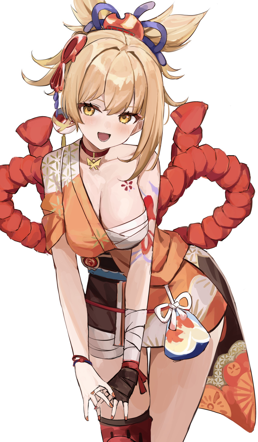 1girl absurdres arm_tattoo asymmetrical_hair asymmetrical_sidelocks blonde_hair breast_tattoo breasts chest_sarashi choker collarbone crossed_fingers double-parted_bangs genshin_impact hadanugi_dousa hair_between_eyes hair_ornament half_updo highres japanese_clothes kimono kouhaku_nawa large_breasts nail_polish obi open_mouth orange_kimono ponytail red_choker red_nails red_thighhighs rope sarashi sash shimenawa shiro_wa_(shiroshironix) short_kimono simple_background single_bare_shoulder single_thighhigh sleeves_rolled_up smile solo tattoo thighhighs white_background yellow_eyes yoimiya_(genshin_impact)