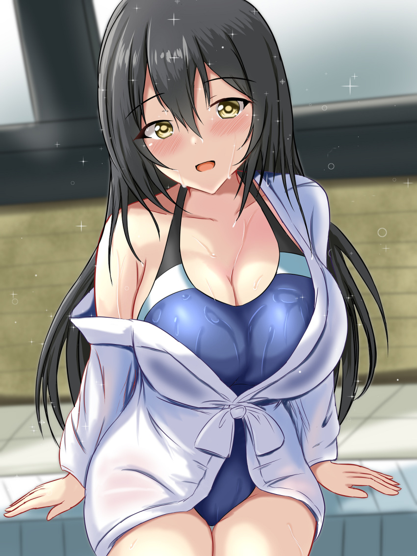 1girl black_hair black_one-piece_swimsuit blue_one-piece_swimsuit breasts brown_eyes chikuma_(kancolle) competition_swimsuit covered_navel dated highleg highleg_swimsuit highres impossible_clothes impossible_swimsuit kantai_collection large_breasts long_hair montemasa multicolored_clothes multicolored_swimsuit one-piece_swimsuit open_mouth poolside rei_no_pool sitting smile solo swimsuit twitter_username two-tone_swimsuit wet wet_clothes wet_swimsuit window