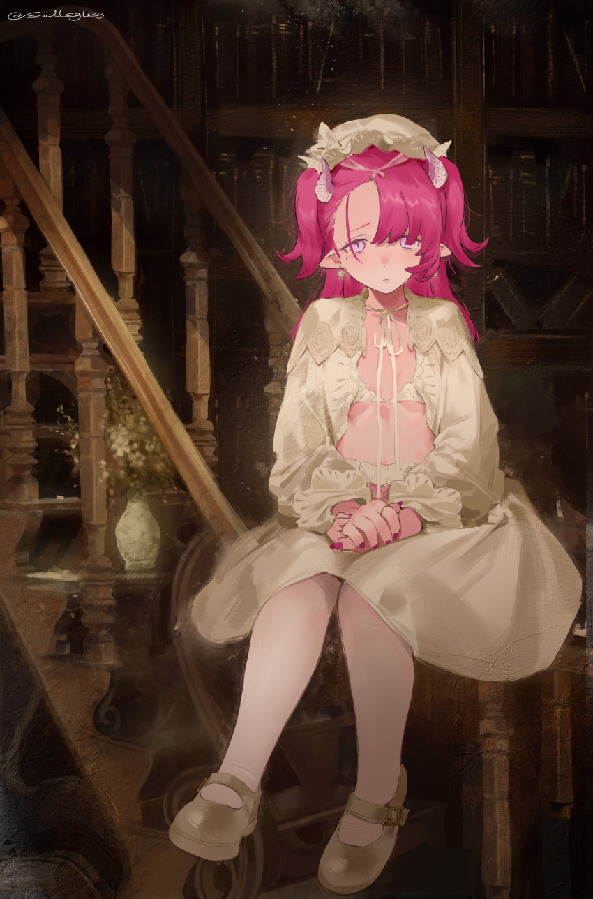 1girl absurdres bookshelf bra breasts dress earrings frown full_body hat highres horns indoors jewelry long_hair looking_at_viewer maotoutui mary_janes mole mole_under_eye nightcap open_clothes open_dress original own_hands_together pink_eyes pink_hair pink_nails pointy_ears railing shoes sitting small_breasts solo stairs two_side_up underwear white_bra white_dress