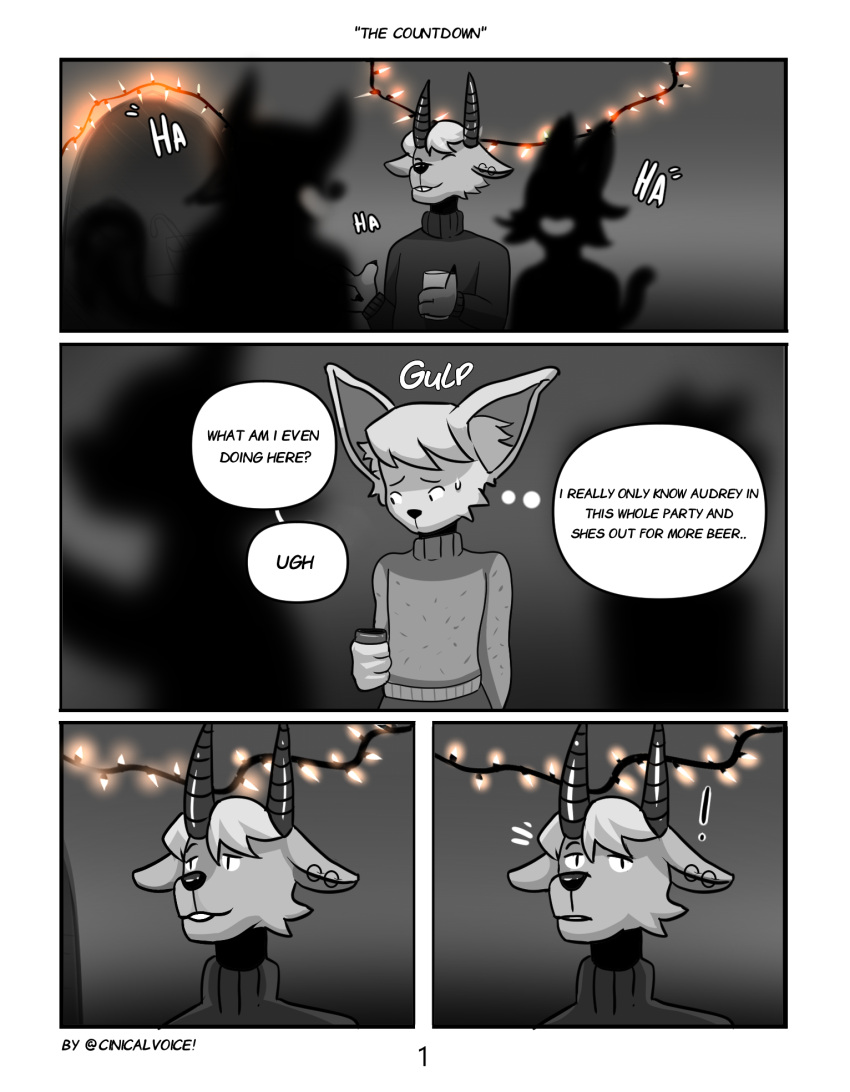 anthro canid canine christmas christmas_clothing christmas_lights cinicalvoice clothing comic deer ear_piercing female fennec fox group hi_res holidays male mammal piercing simple_background text