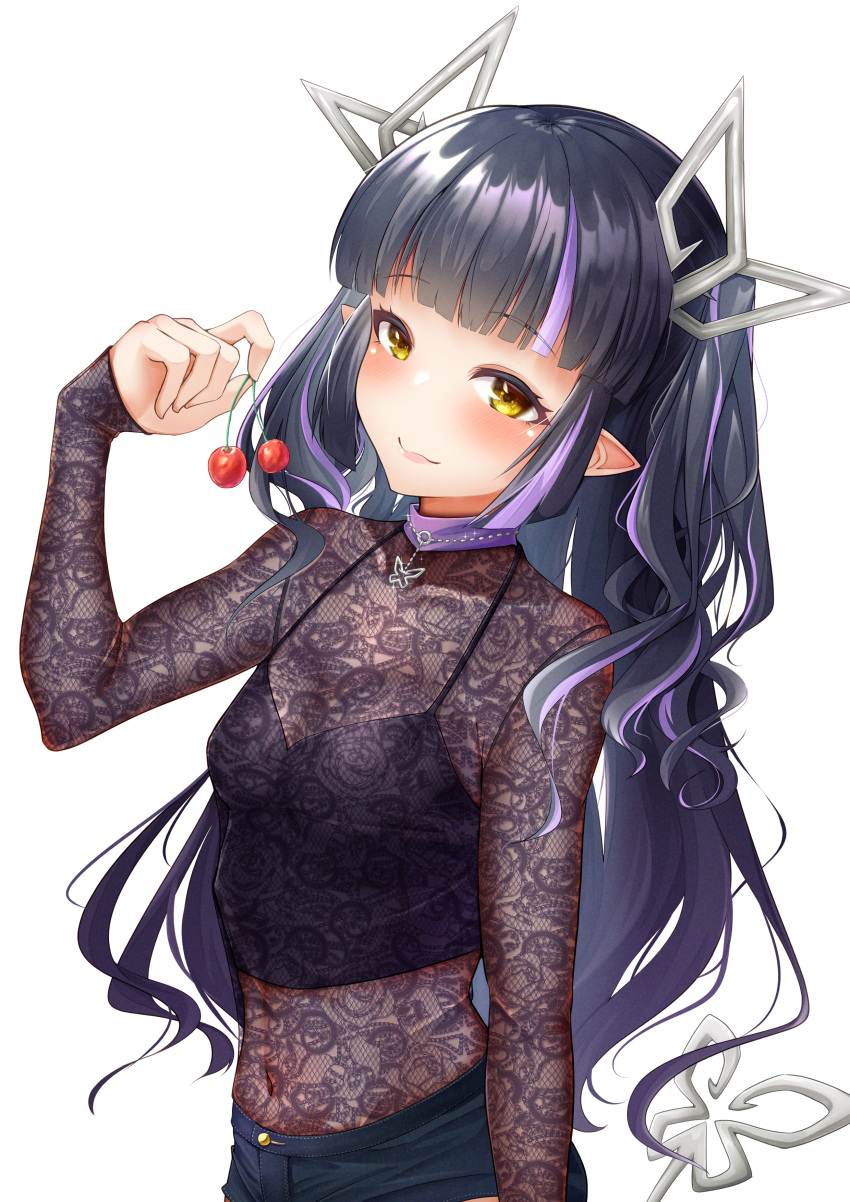 1girl absurdres alternate_costume black_camisole black_hair black_shorts blunt_bangs blush breasts camisole cherry closed_mouth commentary_request crop_top demon_girl demon_horns demon_tail food fruit highres holding holding_food holding_fruit horns kojo_anna lace_shirt long_hair long_sleeves looking_at_viewer medium_bangs medium_breasts midriff multicolored_hair nanashi_inc. navel pointy_ears purple_hair robou_no_stone see-through see-through_cleavage see-through_shirt shorts simple_background smile solo tail transparent_background two-tone_hair two_side_up upper_body virtual_youtuber yellow_eyes