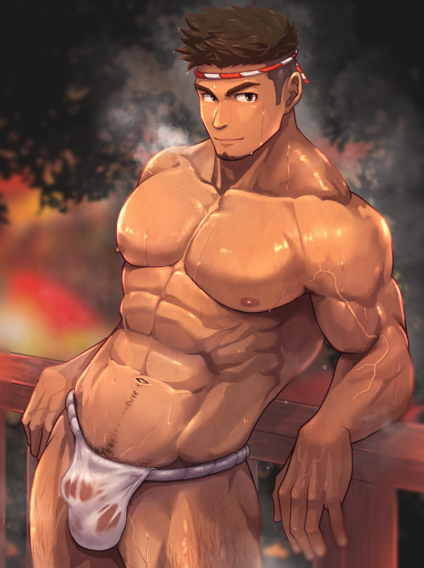 1boy abs against_railing arm_support bara blurry brown_eyes brown_hair bulge chest_hair collarbone commentary_request covered_penis cowboy_shot crew_cut depth_of_field dripping f-una facial_hair fundoshi goatee hachimaki headband highres japanese_clothes large_pectorals leaning_back leg_hair looking_at_viewer male_focus male_pubic_hair male_underwear muscular muscular_male navel navel_hair nejiri_hachimaki night nipples original outdoors pectorals pubic_hair pubic_hair_peek railing see-through shiny_skin short_hair shorts_tan sideburns smile solo sparse_chest_hair spiked_hair standing steaming_body tan tanlines underwear underwear_only veins veiny_arms veiny_crotch veiny_hands veiny_thighs wet wooden_railing