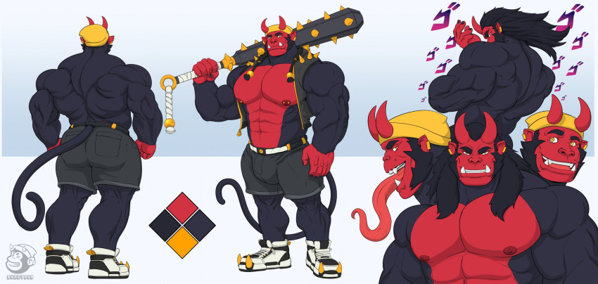 anthro ape areola asian_mythology back_muscles big_biceps black_body black_fur black_tail buzzybub clothed clothing coat demon ear_piercing ear_ring east_asian_mythology fangs footwear fur gorilla hair_over_shoulder haplorhine hat headgear headwear hi_res horn japanese_mythology jojo_pose long_tongue male mammal meme model_sheet muscular muscular_male mythology nipple_piercing nipples oni open_clothing open_coat open_topwear pecs piercing primate red_body red_fur ring_piercing shoes smile solo tail teeth tongue topwear yokai