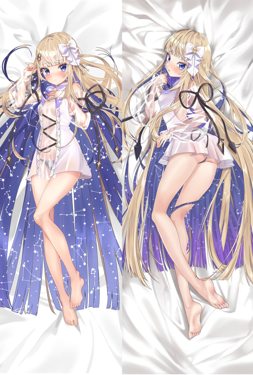 1girl amanogawa_shiina amanogawa_shiina_(artist) ass bare_shoulders barefoot black_panties black_ribbon blonde_hair blue_eyes blunt_bangs blush bow breasts closed_mouth colored_inner_hair dakimakura_(medium) english_commentary feet hair_bow hair_ribbon highres long_hair looking_at_viewer lying multicolored_hair multiple_views on_back on_side panties parted_lips phase_connect ribbon scissors_hair_ornament see-through see-through_sleeves small_breasts soles starry_hair thighs toes underwear very_long_hair virtual_youtuber white_bow