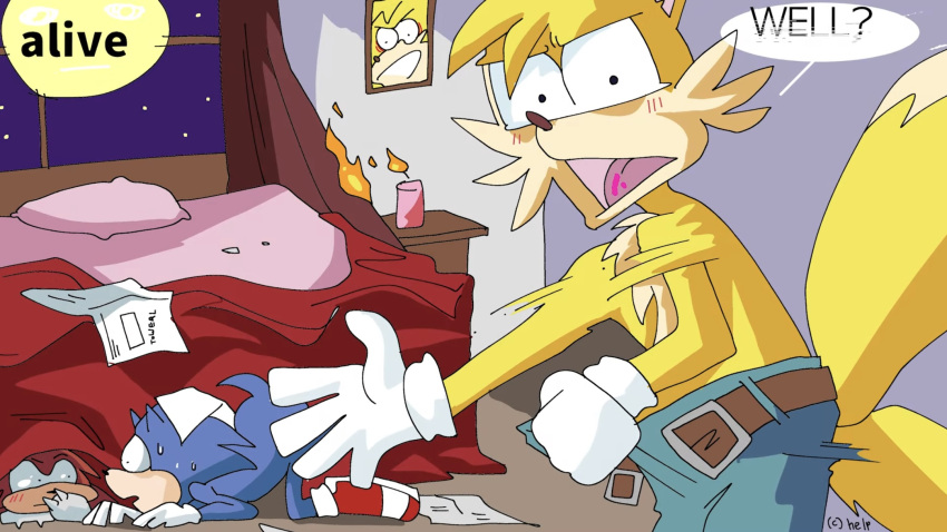 ambiguous_gender anthro ass_up bed bottomwear candle canid canine clothing denim denim_clothing detailed_background dialogue drawfee dressing echidna english_text eulipotyphlan fire footwear fox furniture group hedgehog hi_res jeans karina_farek knuckles_the_echidna mammal miles_prower monotreme open_mouth pants sega shoes sonic_butthole_saga sonic_the_hedgehog sonic_the_hedgehog_(series) speech_bubble tail text trio what