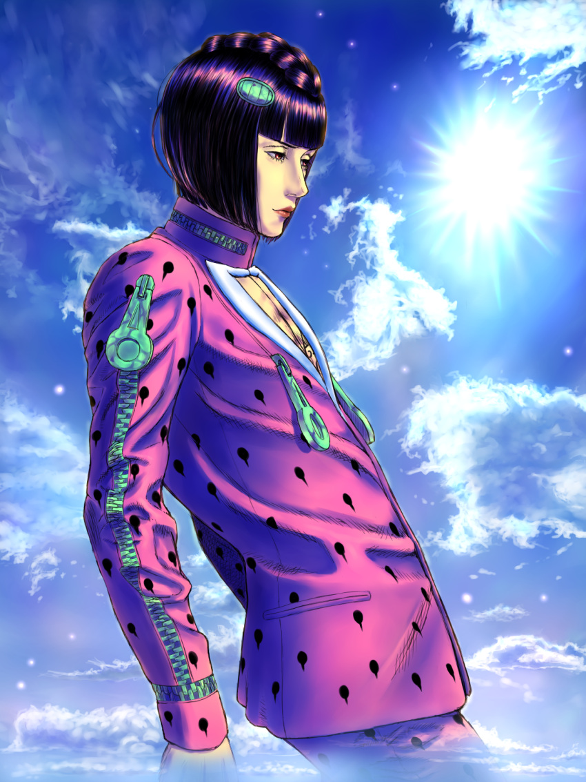 1boy alternate_color black_hair blue_sky bob_cut bruno_bucciarati cleavage_cutout clothing_cutout cloud cloudy_sky hair_ornament hairclip highres jojo_no_kimyou_na_bouken keiimajima02 lipstick makeup male_focus partially_submerged realistic red_eyes sky solo sun upper_body vento_aureo zipper zipper_pull_tab