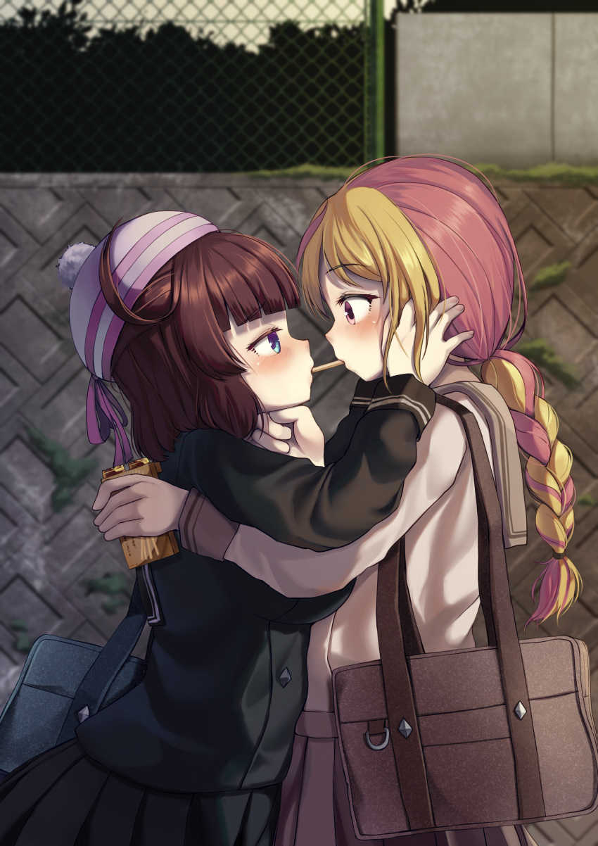 2girls absurdres bag black_sailor_collar black_serafuku black_shirt black_skirt blonde_hair blue_bag blue_eyes brown_bag brown_skirt carrying_bag food grey_sailor_collar hands_on_another's_face hat hat_ribbon highres holding holding_food holding_pocky imminent_kiss multicolored_hair multiple_girls original pink_hair pleated_skirt pocky pocky_kiss purple_eyes purple_ribbon purple_trim ribbon sailor_collar school_bag school_uniform serafuku shirt skirt uniform wanashi_tam white_headwear white_shirt yuri