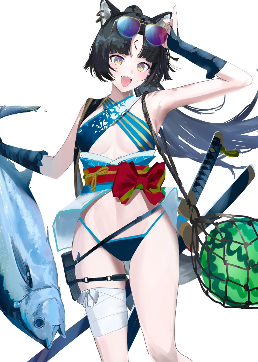 1girl alternate_costume animal animal_ears arknights arm_up bandaged_leg bandages bikini black_hair blue_bikini blue_gloves breasts commentary cowboy_shot criss-cross_halter dog_ears dog_girl ear_piercing elbow_gloves eyewear_on_head facial_mark fingerless_gloves fish food forehead_mark fruit gloves halterneck highres holding holding_animal holding_fish katana long_hair looking_ahead looking_at_viewer medium_breasts multiple_swords open_mouth piercing ponytail saga_(arknights) sankichi_(croquette_crab) sash sheath sheathed simple_background single_bare_shoulder smile solo straight-on swimsuit sword sword_on_back symbol-only_commentary underboob watermelon weapon weapon_on_back white_background