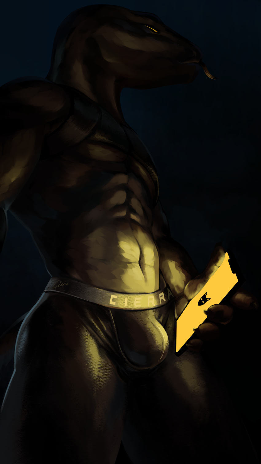 absurd_res anthro black_body black_scales bulge cierras clothed clothing dark_background grindr harness hi_res leggings legwear male night phone reptile scales scalie snake solo topless topless_male