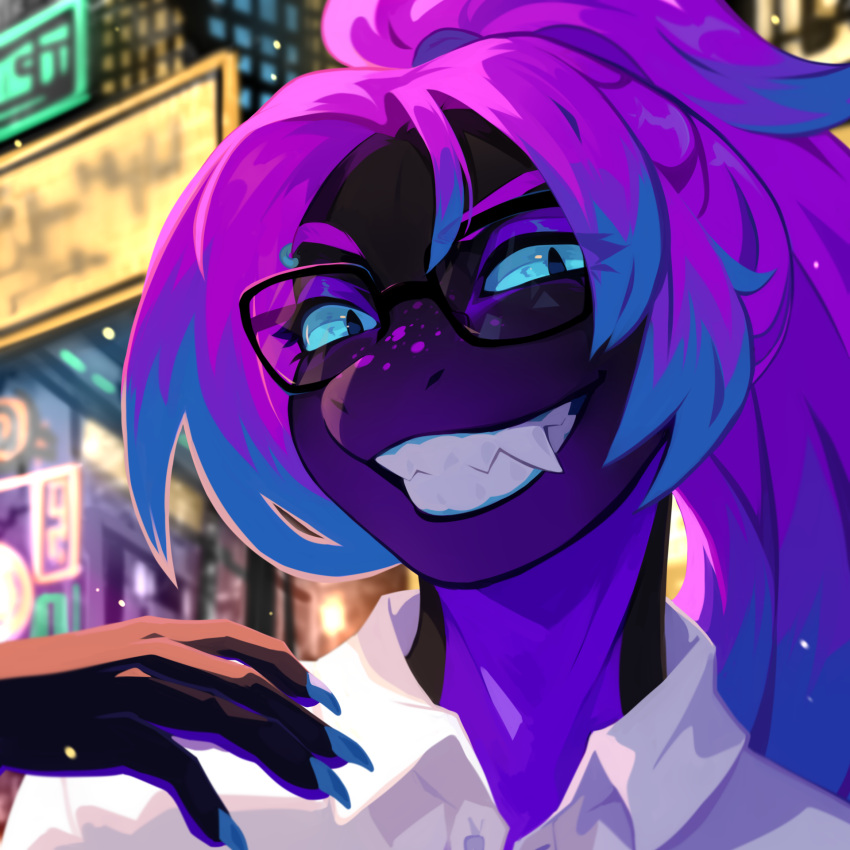 1:1 anthro black_body blue_eyes blue_hair building bust_portrait clothed clothing corzh77 eyewear fangs female front_view glasses glistening glistening_eyes grin hair hi_res looking_at_viewer multicolored_hair no_sclera outside pink_hair portrait purple_body purple_hair smile solo species_request teeth topwear wearing_glasses white_clothing white_topwear