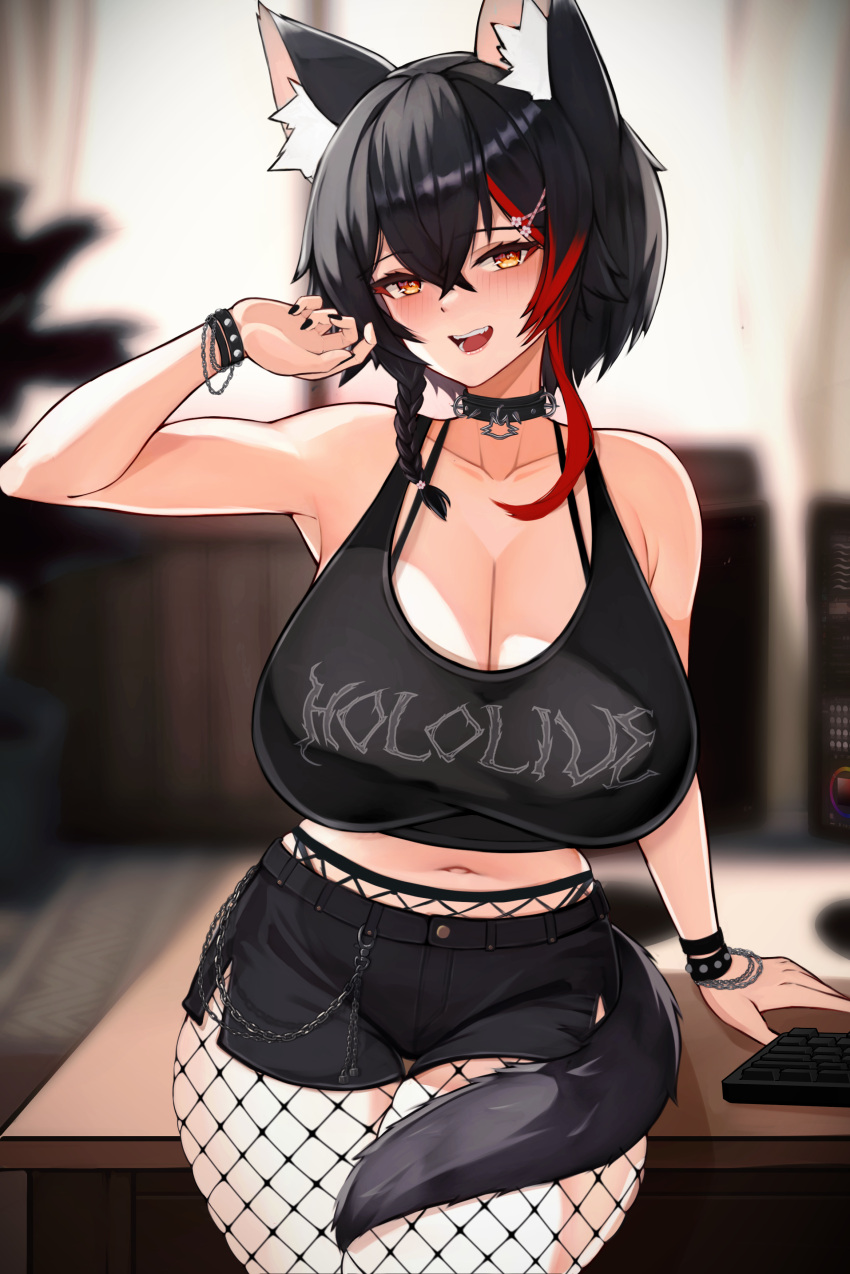 1girl :d absurdres animal_ears black_choker black_hair black_nails black_shirt black_shorts blurry blurry_background blush bracelet breasts brown_eyes choker cleavage clothes_writing crop_top fishnet_pantyhose fishnets hair_between_eyes highres hololive huge_breasts indoors jewelry looking_at_viewer multicolored_hair navel ookami_mio pantyhose red_hair shirt short_shorts shorts smile solo streaked_hair tail varniskarnis virtual_youtuber wolf_ears wolf_tail