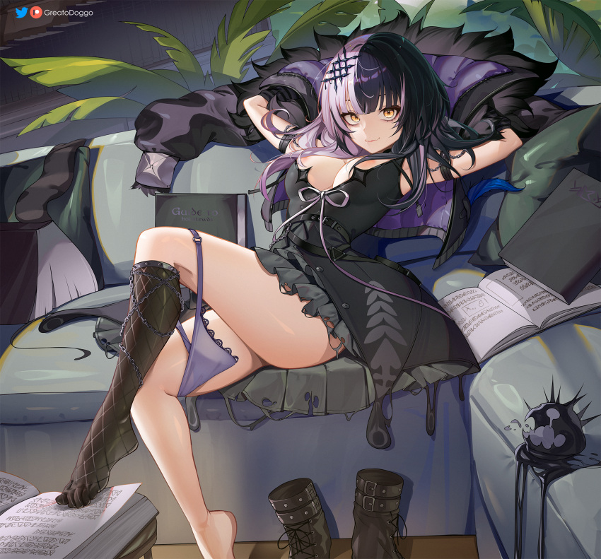 1girl areola_slip arms_up black_dress black_hair black_jacket book boots boots_removed breasts closed_mouth couch dress fang fur-trimmed_jacket fur_trim greatodoggo hair_ornament highres hololive hololive_english jacket kneehighs large_breasts looking_at_viewer lying multicolored_hair on_back open_book panties panties_around_one_leg purple_hair shiori_novella short_dress single_kneehigh single_sock smile socks solo split-color_hair two-tone_hair underwear virtual_youtuber yellow_eyes yorick_(shiori_novella)