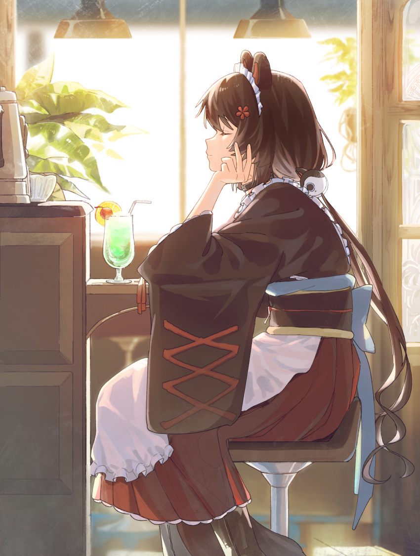 1girl absurdres aji_(eatfishfly) animal_ears apron black_kimono brown_footwear brown_kimono chair closed_eyes cup dog_ears dog_girl dog_hair_ornament drinking_glass drinking_straw flower hair_flower hair_ornament head_rest highres indoors inui_toko japanese_clothes kimono long_sleeves low_twintails maid maid_headdress nijisanji plant pleated_skirt potted_plant red_skirt sitting skirt solo tropical_drink twintails virtual_youtuber wa_maid white_apron wide_sleeves