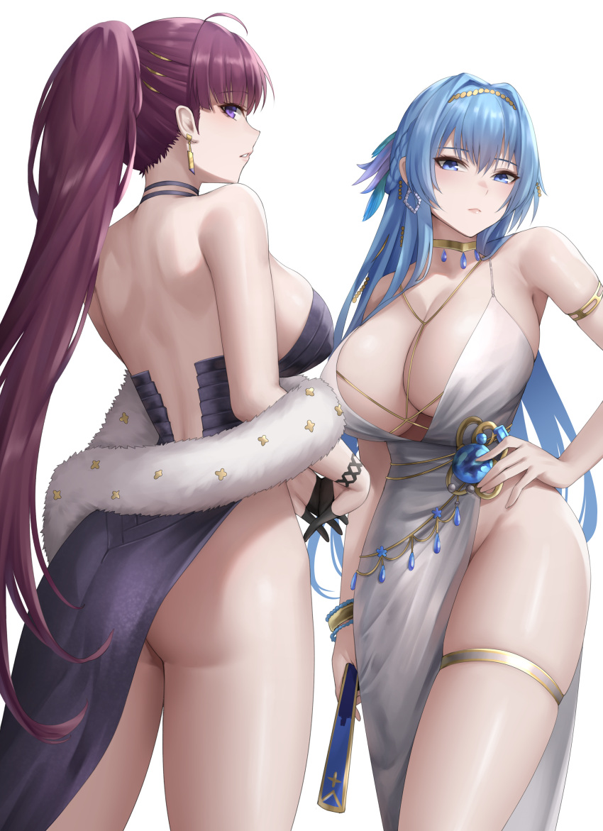 2girls absurdres ahoge armlet ass bare_shoulders blue_eyes blue_hair bracelet breasts cleavage collar commentary dolla_(dark_rose)_(nikke) dolla_(nikke) dress earrings feather_boa folded_fan folding_fan from_behind gloves goddess_of_victory:_nikke hair_ornament hand_fan hand_on_hip helm_(chandelier)_(nikke) helm_(nikke) highres interlocked_fingers jewelry large_breasts lips long_hair looking_at_viewer looking_back multiple_girls no_panties nyatokanyaru parted_lips ponytail purple_dress purple_eyes purple_hair revealing_clothes revision shiny_skin side_slit simple_background sleeveless strapless thigh_strap thighs white_background white_dress