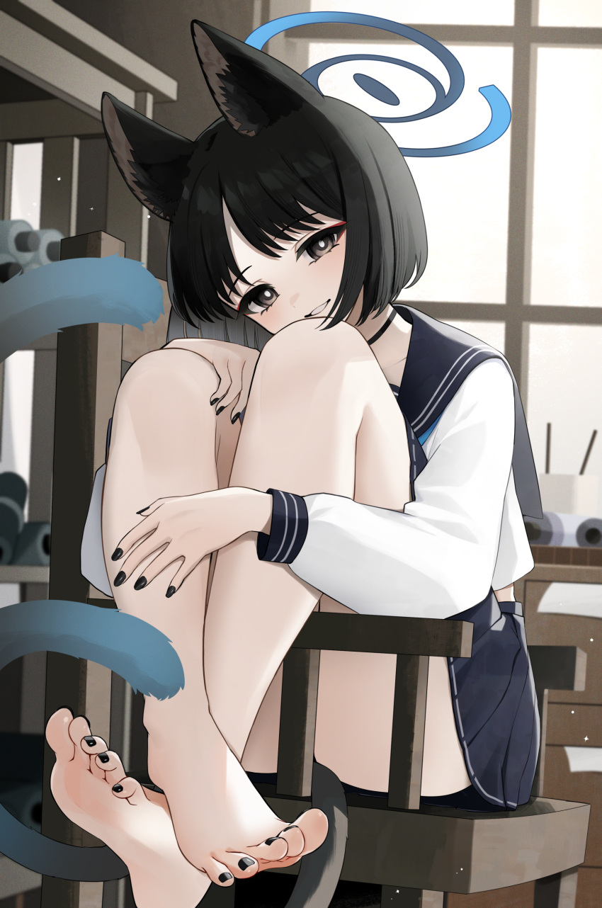 1girl absurdres animal_ears ass barefoot black_eyes black_hair black_nails black_sailor_collar black_skirt blue_archive blue_halo blush cat_ears cat_tail fingernails halo highres indoors kikyou_(blue_archive) long_sleeves looking_at_viewer multiple_tails nail_polish open_mouth pleated_skirt sailor_collar short_hair sitting skirt smile solo tail toenail_polish toenails toes two_tails window yamaha_tsui