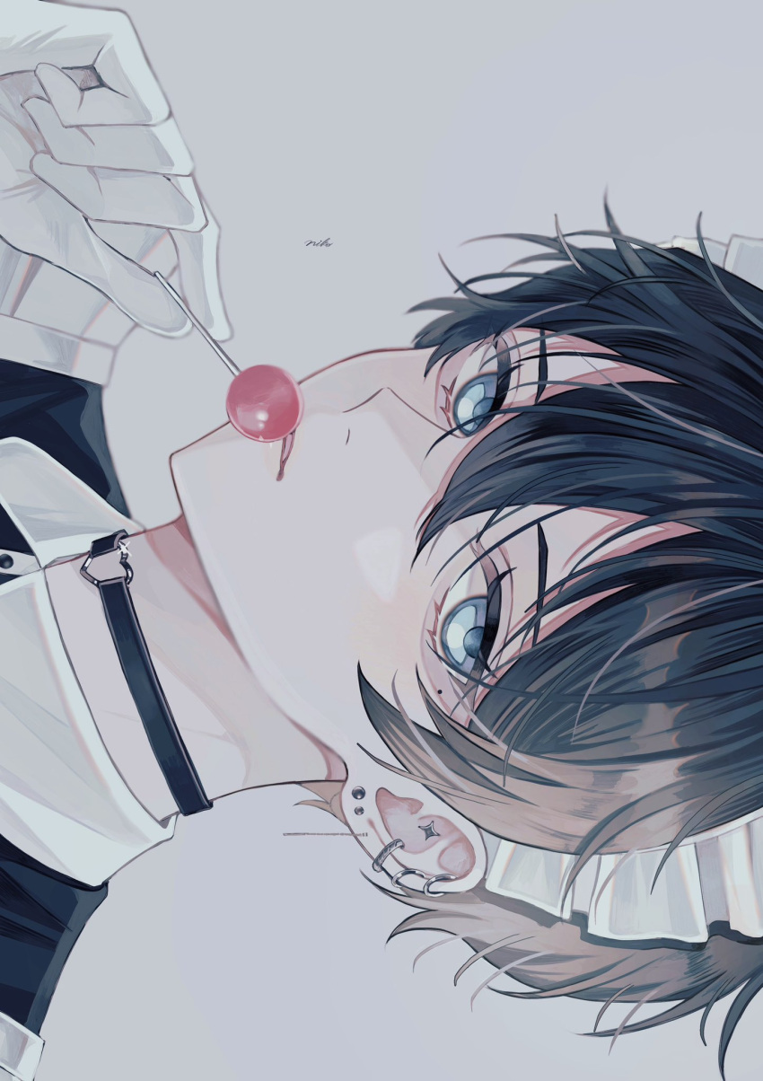 1boy black_hair blue_eyes candy collar ear_piercing earrings food gloves grey_background hair_between_eyes highres holding holding_candy holding_food holding_lollipop jewelry lollipop maid maid_headdress mole mole_under_eye original parted_lips piercing portrait short_hair signature simple_background solo sosaku_25 white_gloves