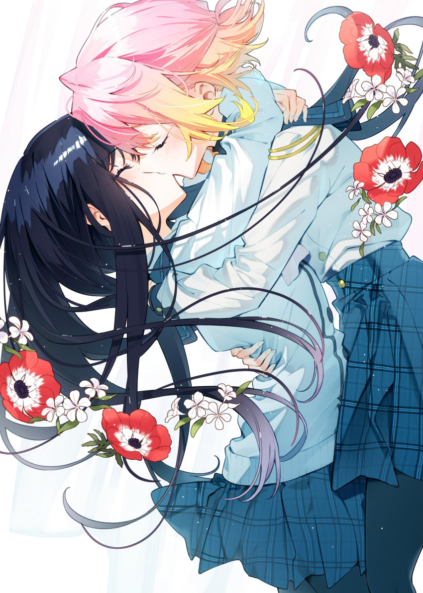 2girls anemone_(flower) anemone_wa_netsu_wo_obiru black_hair blonde_hair closed_eyes flower gradient_hair highres hug kiss komiyama_mashiro long_hair multicolored_hair multiple_girls ootsuki_nagisa pantyhose pink_hair sakuragi_ren school_uniform short_hair skirt yuri