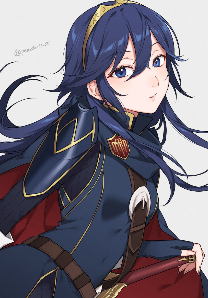 1girl belt blue_eyes blue_hair brown_belt cape commentary_request fingerless_gloves fire_emblem fire_emblem_awakening gloves highres long_hair looking_at_viewer lucina_(fire_emblem) peach11_01 solo tiara upper_body