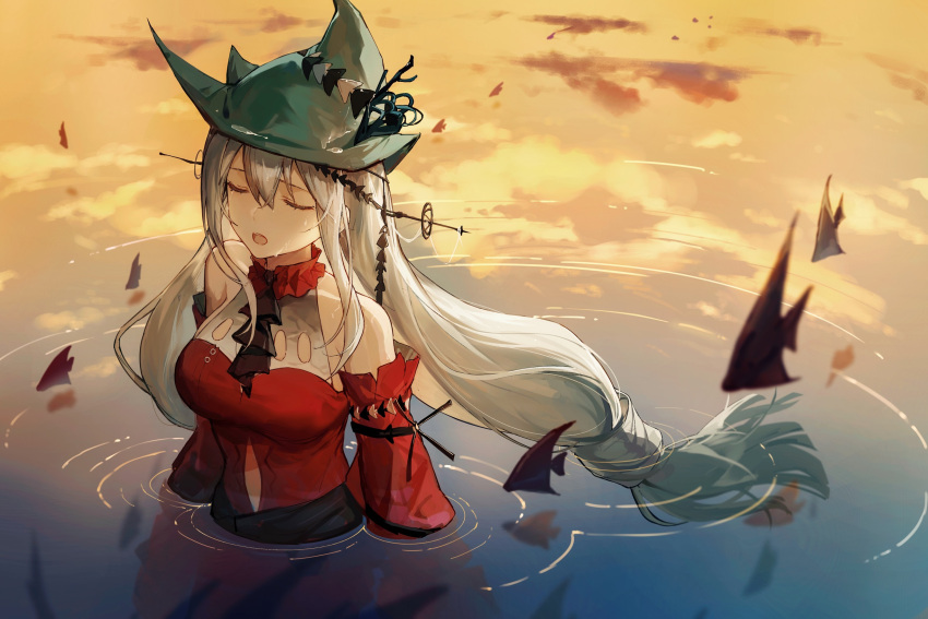 1girl aqua_headwear arknights ascot black_ascot closed_eyes cloud commentary crying crying_with_eyes_open detached_sleeves dress grey_hair hair_between_eyes hair_ornament hair_stick hat highres long_hair low-tied_long_hair official_alternate_costume open_mouth outdoors partially_submerged qinglai_haiji red_dress red_sleeves reflection ripples skadi_(arknights) skadi_the_corrupting_heart_(arknights) sleeveless sleeveless_dress solo tears upper_body water wet
