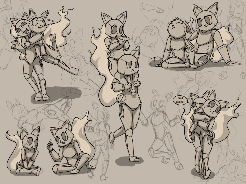 duo e621 enine esix felid feline female fire flaming_tail grey_background greyscale hi_res humanoid machine mammal mascot monochrome multiple_poses pose robot shatterstone simple_background sitting sketch smile speech_bubble standing tail tongue young