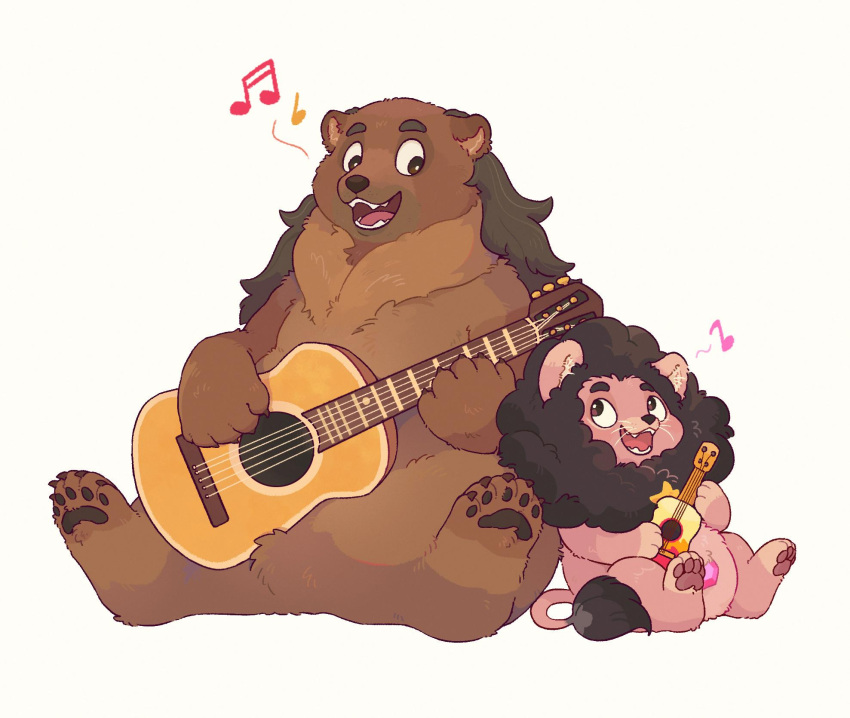 :d animal animal_focus animalization beamed_sixteenth_notes bear brown_fur eighth_note full_body greg_universe guitar highres holding holding_instrument hua_hua_de_meme instrument lion looking_at_another music musical_note pink_gemstone quarter_note red_fur singing sitting smile steven_quartz_universe steven_universe white_background