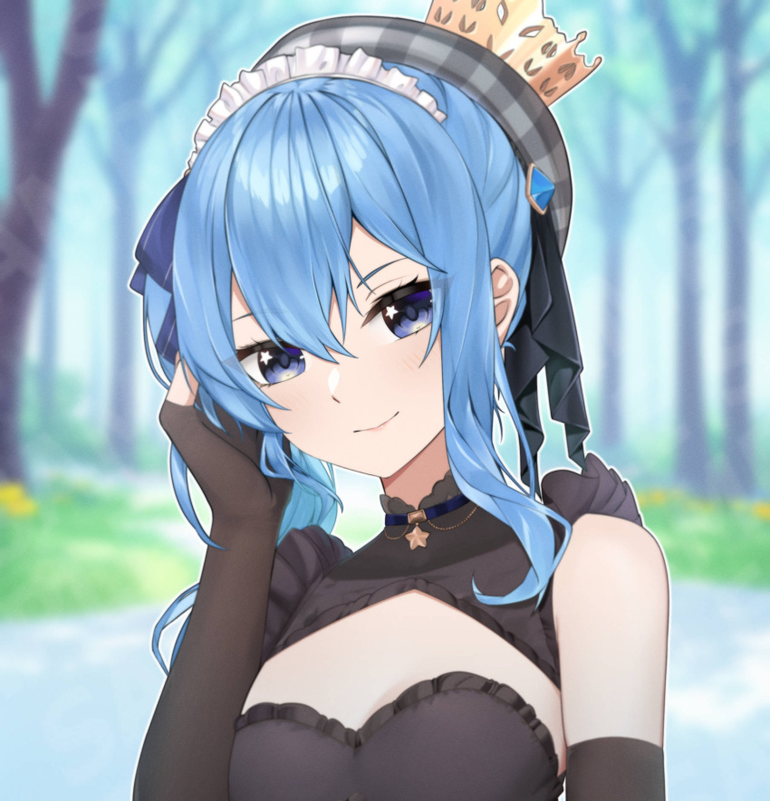 1girl beret black_gloves black_ribbon blue_brooch blue_choker blue_eyes blue_hair blue_ribbon blurry blurry_background breasts choker cleavage_cutout clothing_cutout commission crown elbow_gloves fingerless_gloves gloves grey_headwear hair_ribbon hand_in_own_hair hat highres hololive hoshimachi_suisei kaiend maid_headdress plaid_headwear ribbon solo star_(symbol) star_choker star_in_eye symbol_in_eye tree upper_body virtual_youtuber