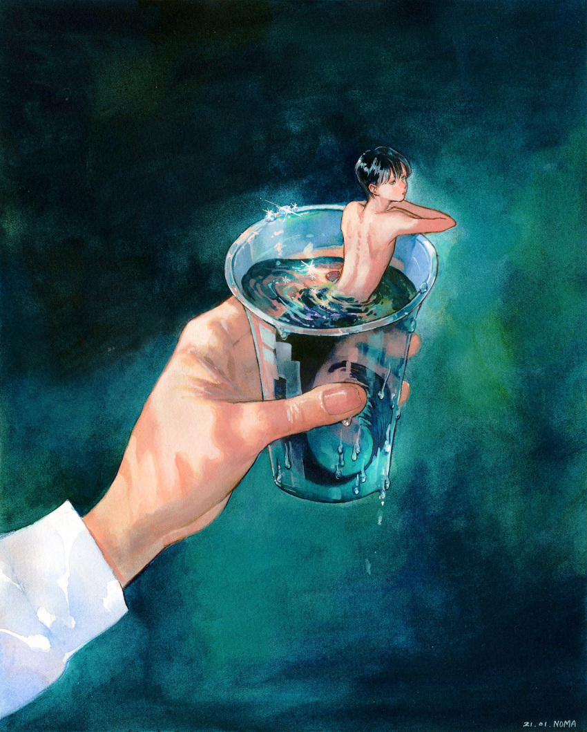 1boy artist_name black_hair cup dated drinking_glass from_behind highres holding holding_cup in_container in_cup long_sleeves looking_to_the_side making-of_available male_focus merman mini_person miniboy monster_boy n0ma nude original out_of_frame painting_(medium) partially_submerged pov pov_hands short_hair solo_focus sparkle traditional_media water