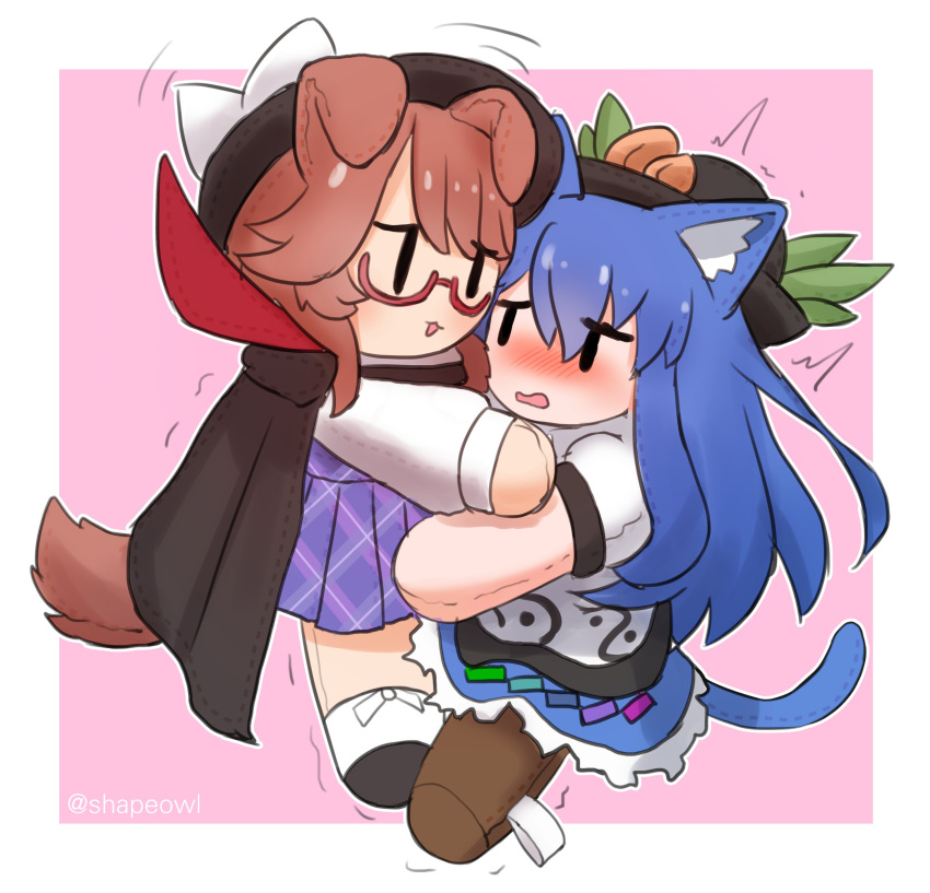 2girls absurdres animal_ears blue_hair blush brown_hair cat_ears cat_girl cat_tail commission dog_ears dog_girl dog_tail food fruit hat highres hinanawi_tenshi hug hugging_doll hugging_object multiple_girls peach shapeowl stuffed_toy tail touhou transformation usami_sumireko