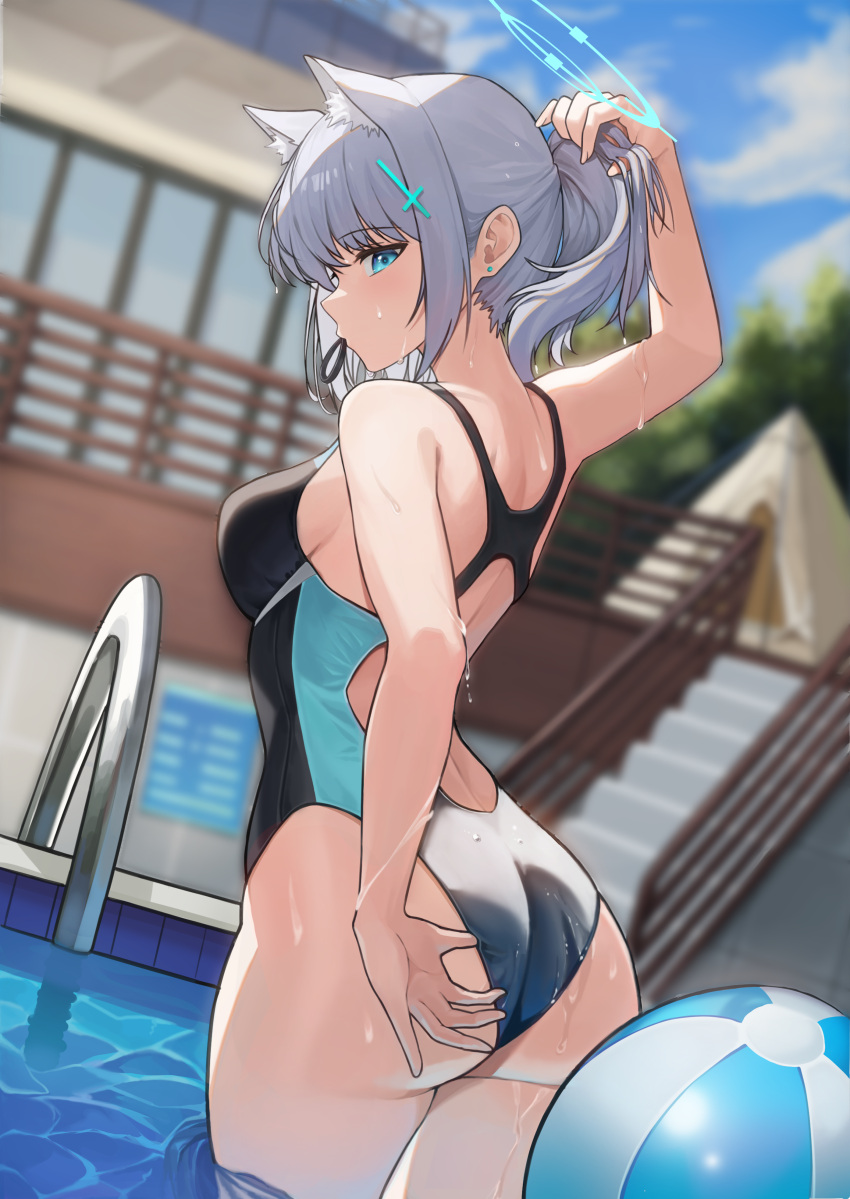 1girl absurdres animal_ears ass ball beachball blue_archive blue_eyes blue_sky blurry blurry_background breasts cloud day earrings grey_hair hair_tie_in_mouth halo highres house jewelry medium_breasts mouth_hold outdoors pool round30fight shiroko_(blue_archive) shiroko_(swimsuit)_(blue_archive) short_ponytail sky solo stairs stud_earrings tent wading water wet wolf_ears