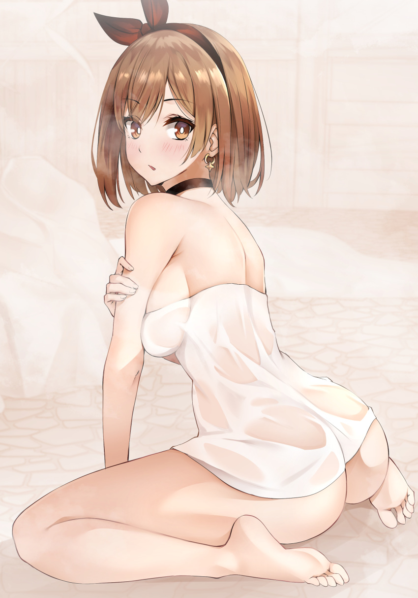 1girl absurdres ass atelier_(series) atelier_ryza barefoot black_choker black_hairband breasts brown_eyes brown_hair choker commentary earrings feet from_side gs_(onsen_syndicate) hairband hand_on_own_arm highres holding_own_arm jewelry large_breasts legs light_blush looking_to_the_side naked_towel open_mouth reisalin_stout sideboob single_earring sitting soles solo star_(symbol) star_earrings toes towel wariza wet_towel