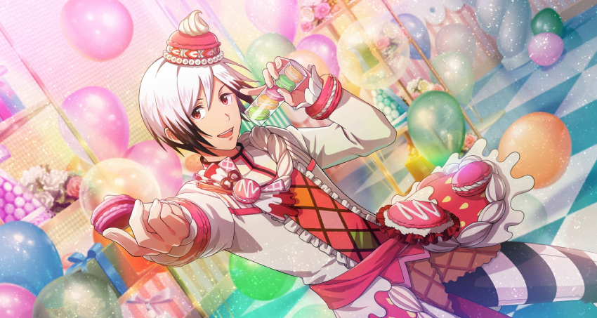 1boy balloon black_hair cookie fingernails food hat highres holding holding_cookie holding_food idolmaster idolmaster_side-m idolmaster_side-m_growing_stars kitamura_sora long_sleeves male_focus mini_hat multicolored_hair official_art open_mouth orange_eyes teeth upper_teeth_only white_hair