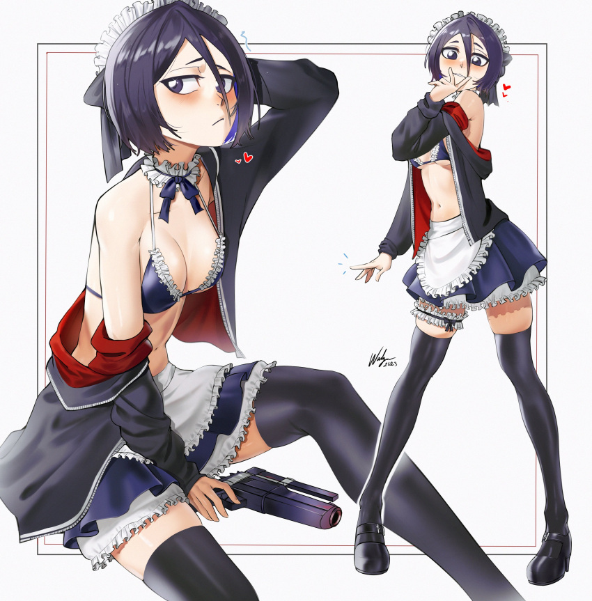 1girl absurdres alternate_costume apron arm_up armpit_crease artoria_pendragon_(alter_swimsuit_rider)_(fate) artoria_pendragon_(alter_swimsuit_rider)_(fate)_(cosplay) artoria_pendragon_(fate) bikini black_bikini black_eyes black_footwear black_hair black_jacket black_thighhighs bleach blue_bikini blue_bow blue_bowtie blue_skirt blush bow bowtie breasts choker cosplay dated enmaided fate/grand_order fate/stay_night fate_(series) fine_fabric_emphasis foot_out_of_frame frilled_apron frilled_bikini frilled_choker frills full_body grey_background gun hair_between_eyes hand_up handgun heart highres holding jacket kuchiki_rukia legs maid maid_apron maid_bikini maid_headdress medium_breasts medium_hair miniskirt multiple_views navel off_shoulder open_clothes open_jacket pleated_skirt purple_eyes purple_hair saber_alter saber_alter_(cosplay) signature simple_background skindentation skirt small_breasts swimsuit thighhighs thighs unconventional_maid underboob v waist_apron waligner weapon white_apron