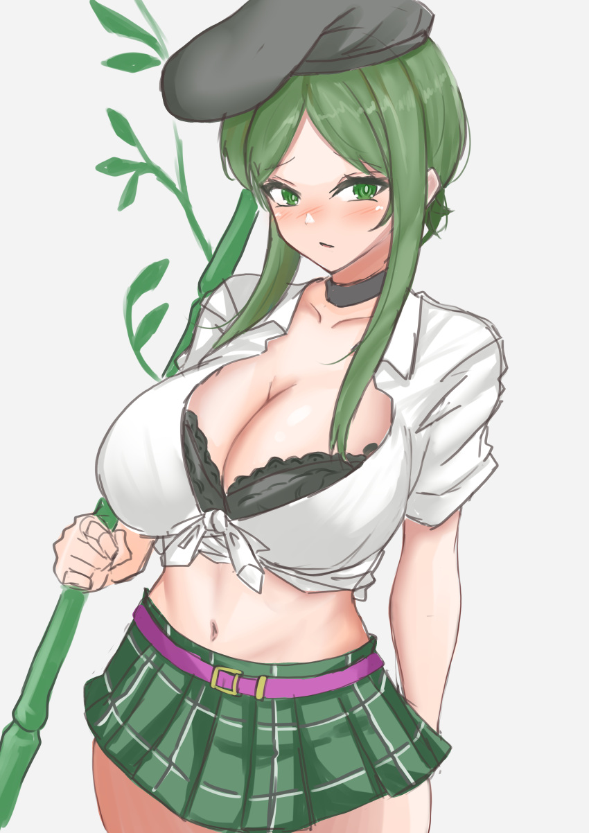 1girl absurdres alternate_costume breasts cleavage collarbone commentary_request cowboy_shot crop_top green_eyes green_hair green_skirt hat highres holding_bamboo_shoot huge_breasts kuraki leaf looking_to_the_side midriff navel parted_bangs plaid plaid_skirt short_hair_with_long_locks short_sleeves sidelocks simple_background skirt solo tate_eboshi teireida_mai touhou white_background