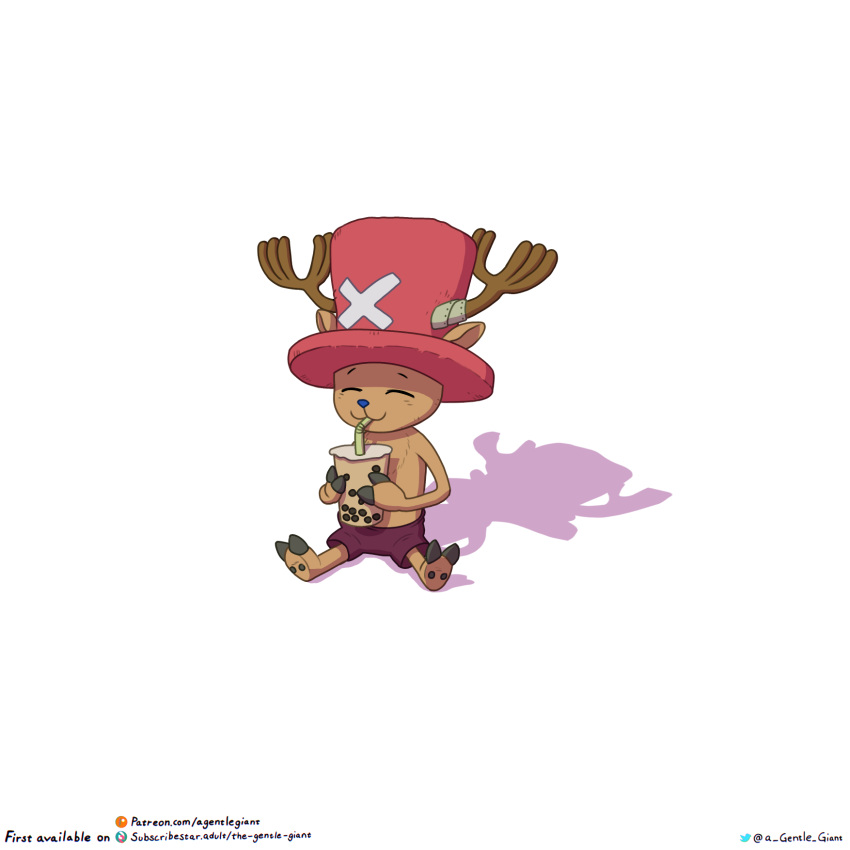 2023 anthro antlers beverage biped blue_nose brown_body brown_fur bubble_tea clothed clothing cloven_hooves deer digital_media_(artwork) drinking drinking_straw fur happy hat headgear headwear hi_res holding_beverage holding_object hooves horn male mammal monotone_body monotone_fur new_world_deer one_piece patreon patreon_link patreon_logo reindeer shadow simple_background sitting smile solo subscribestar_link subscribestar_logo the_gentle_giant tony_tony_chopper top_hat topless topless_anthro topless_male twitter_handle white_background