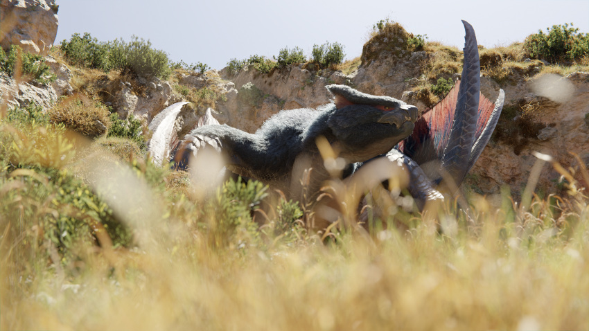 3d_(artwork) ambiguous_gender beak blender_(software) blue_body blue_fur blurred_foreground capcom cliffs day digital_media_(artwork) dragon fanged_wyvern feral flying_wyvern fur grass haferkraft hi_res light membrane_(anatomy) membranous_wings monster_hunter nargacuga nature nature_background plant rock scales shrub solo standing sunlight wings wyvern