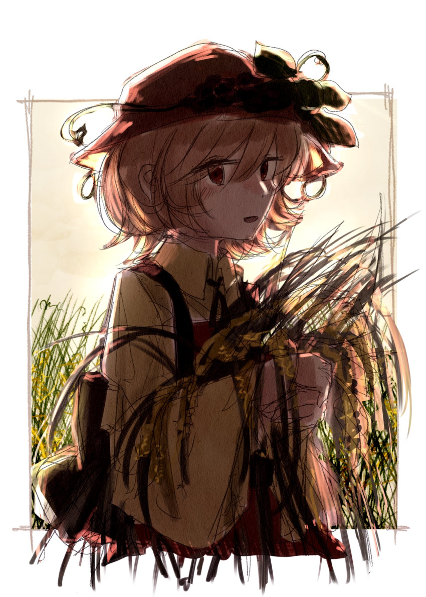 1girl aki_minoriko border fruit_hat_ornament grass hat_ornament highres holding holding_plant koyane_(silver81106) looking_at_viewer one-hour_drawing_challenge orange_headwear plant solo tall_grass touhou upper_body white_border