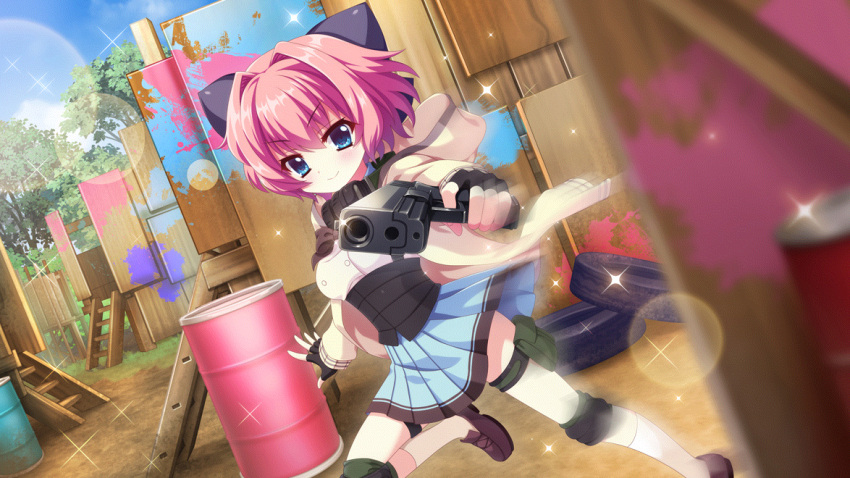 &gt;:) 1girl aiming aiming_at_viewer ammunition_pouch barricade belt black_bow black_bowtie black_gloves blue_eyes blue_skirt blue_sky blurry blurry_foreground bow bowtie brown_footwear closed_mouth day dot_nose drum_(container) dutch_angle film_grain fingerless_gloves game_cg gangsta_hold glint gloves gun hair_bow hair_intakes handgun headset hiiragi_kae hood hoodie izumi_tsubasu knee_pads ladder large_bow lens_flare looking_at_viewer motion_blur non-web_source official_art outdoors paint_splatter pink_hair pouch purple_bow re:stage! school_uniform shoes short_hair skirt sky smile socks solo sparkle stepladder thigh_strap tire tree underbust utility_belt v-shaped_eyebrows weapon weapon_request white_hoodie white_socks