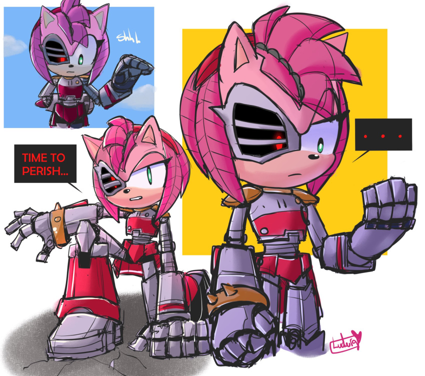 2023 amy_rose anthro clothing dialogue ellipsis english_text eulipotyphlan female footwear gloves handwear heartludwig hedgehog hi_res mammal rusty_rose sega signature simple_background solo sonic_the_hedgehog_(series) text text_box