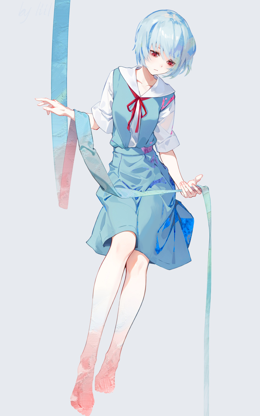 absurdres ayanami_rei barefoot blue_hair blue_skirt blue_vest collarbone expressionless full_body grey_background highres holding holding_ribbon liil0168 looking_down neck_ribbon neon_genesis_evangelion red_eyes red_ribbon ribbon sailor_collar school_uniform shirt short_hair simple_background skirt tokyo-3_middle_school_uniform vest white_shirt