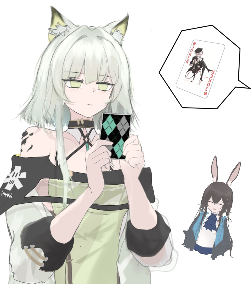 1other 2girls ambience_synesthesia animal_ear_fluff animal_ears arknights ascot bare_shoulders black_jacket blue_ascot brown_hair card cat_ears cat_girl closed_eyes closed_mouth criss-cross_halter detached_collar dress green_dress green_eyes grey_hair hair_between_eyes hair_intakes halterneck highres holding holding_card jacket joker_(card) long_hair mebe_(teadia_violet) medium_hair multiple_girls no_pupils off-shoulder_jacket off_shoulder oripathy_lesion_(arknights) parted_lips playing_card rabbit_ears rabbit_girl shirt simple_background smile spoken_object sweat upper_body w_(arknights) white_background white_shirt