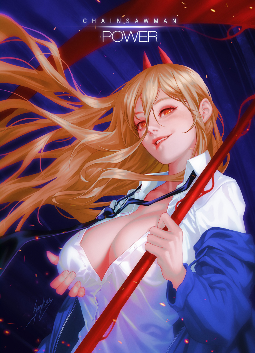 1girl absurdres biting_own_lip breasts chainsaw_man cleavage collared_shirt demon_girl demon_horns grabbing_own_breast hair_between_eyes highres holding holding_scythe honey_brush horns large_breasts long_hair looking_at_viewer necktie off-shoulder_jacket off_shoulder open_clothes open_shirt partially_unbuttoned power_(chainsaw_man) red_eyes red_horns scythe sharp_teeth shirt teeth unbuttoned unbuttoned_shirt
