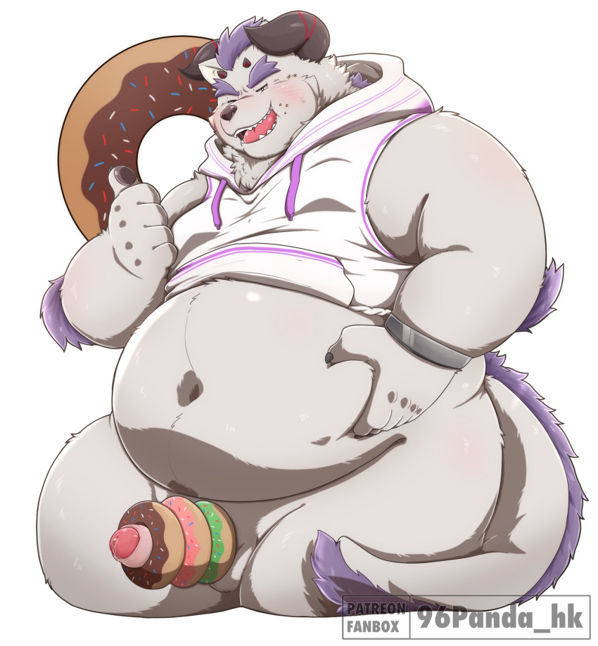 96panda anthro balls behemoth_(housamo) belly blush bottomless clothed clothing dessert doughnut erection food foreskin frosting fur genitals hi_res hoodie lifewonders male monster overweight penis solo sprinkles tokyo_afterschool_summoners topwear white_body white_fur