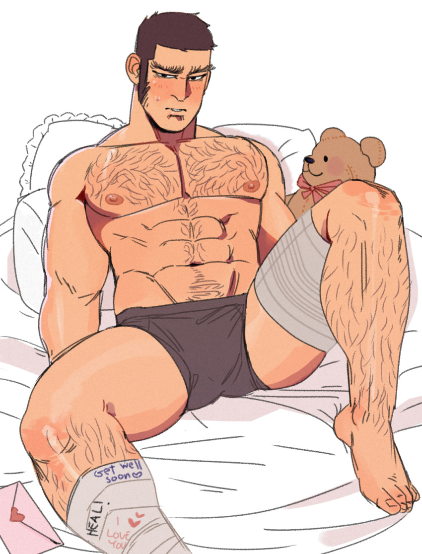 1boy abs bandaged_leg bandages bara bed black_hair black_male_underwear blush chest_hair foazycozy golden_kamuy highres large_pectorals leg_hair love_letter male_focus male_underwear muscular muscular_male navel nipples on_bed pectorals pillow short_hair sideburns solo stuffed_animal stuffed_toy tanigaki_genjirou teddy_bear thick_thighs thighs underwear