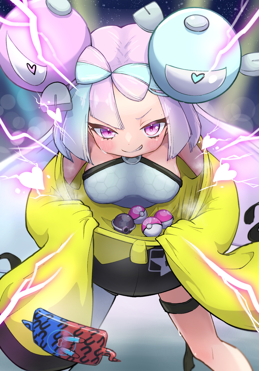 1girl absurdres bare_shoulders blue_hair blush bow-shaped_hair breasts cellphone character_hair_ornament electricity grey_pantyhose grey_shirt grin hair_ornament heart highres iono_(pokemon) jacket long_hair long_sleeves looking_at_viewer love_ball low-tied_long_hair medium_breasts multicolored_hair oversized_clothes pantyhose phone pink_eyes pink_hair poke_ball pokemon pokemon_(creature) pokemon_(game) pokemon_sv rotom rotom_phone screw sharp_teeth shirt single_leg_pantyhose sleeveless sleeveless_shirt sleeves_past_fingers sleeves_past_wrists smile solo split-color_hair star_(symbol) star_in_eye sweat symbol_in_eye teeth tera_orb thigh_strap tkc_(user_snjd8547) twintails two-tone_hair very_long_hair wide_sleeves yellow_jacket