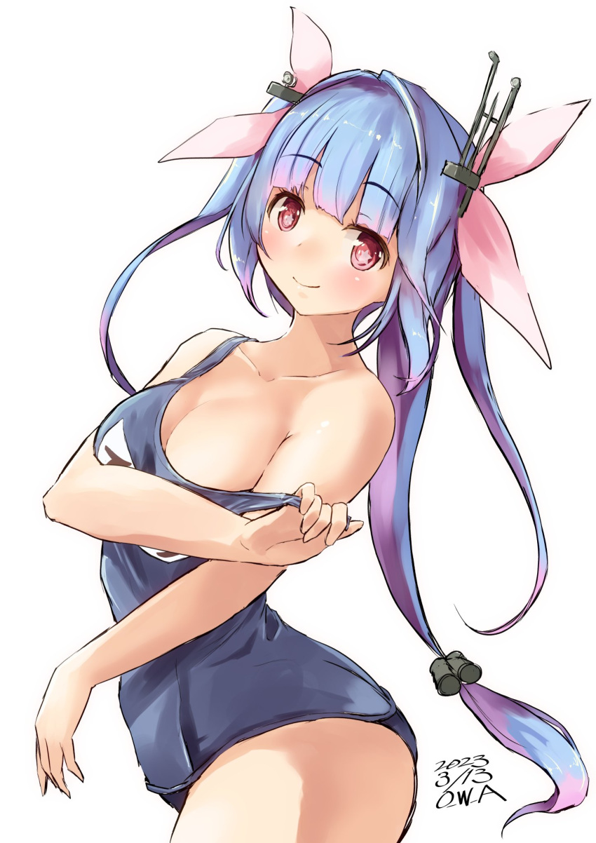 1girl blue_hair breasts collarbone covered_navel cowboy_shot dated flower-shaped_pupils hair_ribbon highres i-19_(kancolle) kantai_collection medium_breasts name_tag one-hour_drawing_challenge one-piece_swimsuit owa_(ishtail) ribbon school_swimsuit simple_background swimsuit symbol-shaped_pupils tri_tails twintails twitter_username undressing white_background