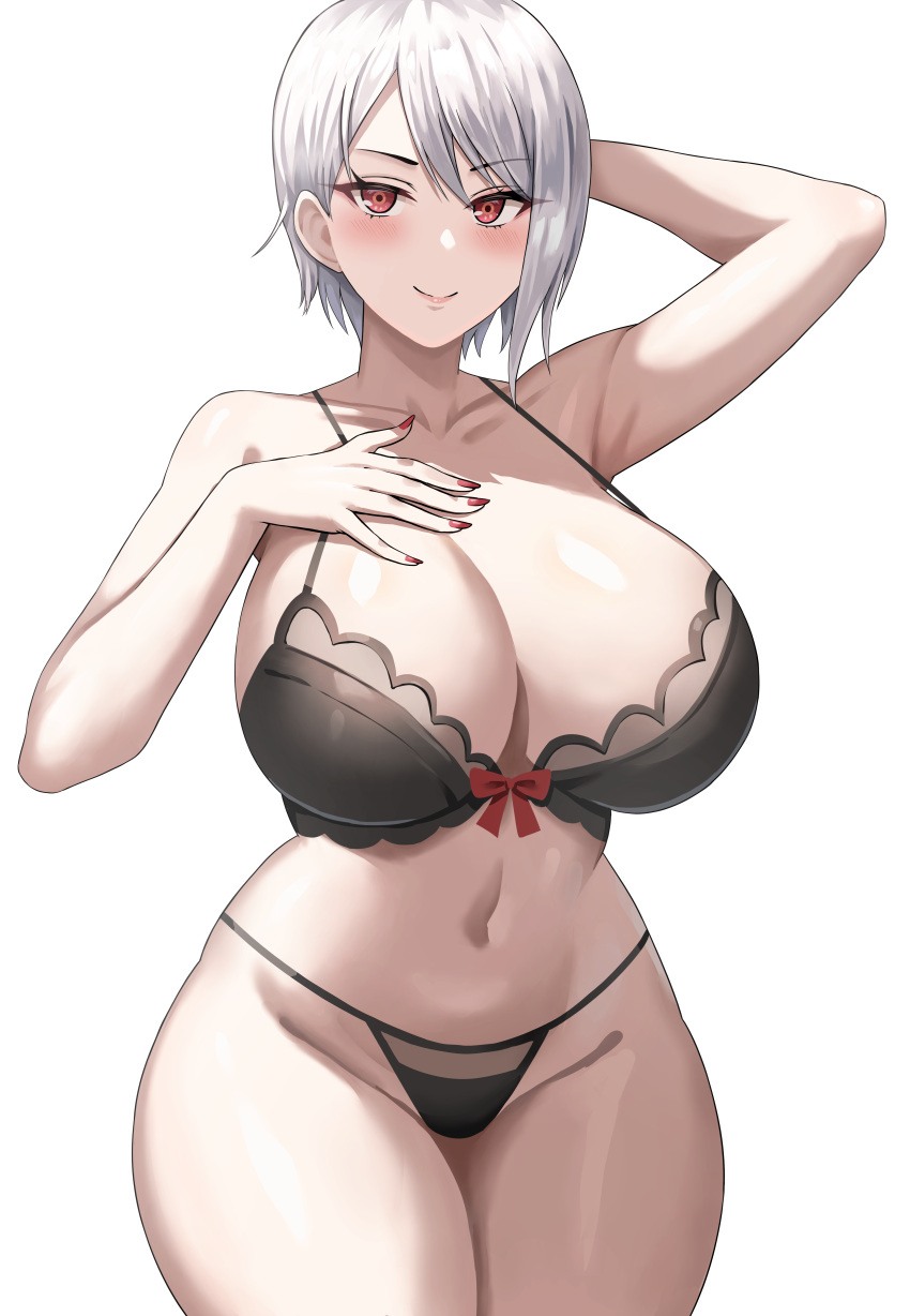 1girl absurdres arm_up bare_arms bare_shoulders bikini black_bikini blush breasts cleavage closed_mouth collarbone commentary_request cowboy_shot grey_hair hand_on_own_chest highres jasony large_breasts looking_at_viewer nail_polish nakiri_alice navel paid_reward_available red_eyes red_nails shokugeki_no_souma short_hair simple_background smile stomach swimsuit thighs underwear white_background