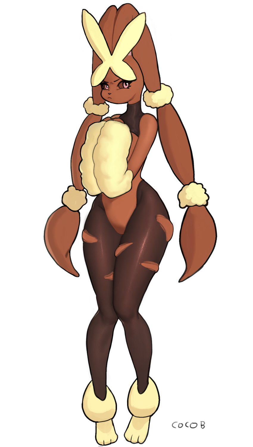 1girl animal_ears animal_feet animal_nose artist_name bare_shoulders black_pantyhose body_fur brown_fur brown_sclera closed_mouth cocobaemg colored_sclera commentary_request crotchless crotchless_pantyhose english_commentary full_body furry furry_female hands_up highres knees_together_feet_apart korean_commentary legs looking_at_viewer lopunny mega_lopunny mega_pokemon mixed-language_commentary own_hands_together pantyhose partial_commentary pink_eyes pointy_ears pokemon pokemon_(creature) rabbit_ears rabbit_girl shrug_(clothing) signature simple_background skindentation sleeveless solo standing thighs torn_clothes torn_pantyhose two-tone_fur v-shaped_eyebrows white_background yellow_fur