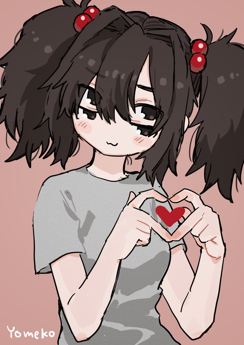 1girl :3 absurdres black_eyes blush_stickers borrowed_character brown_hair character_name closed_mouth commentary extra_eyes grey_shirt hair_bobbles hair_intakes hair_ornament hands_up head_tilt heart heart_hands highres looking_at_viewer original pink_background shirt short_sleeves sideways_glance simple_background solo t-shirt twintails upper_body yomeko_(koiso) zinbei