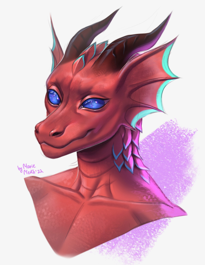 2022 absurd_res anthro blue_eyes blue_pupils bust_portrait dated ear_frill frill_(anatomy) hi_res horn male marie_merkh mouth_closed portrait pupils red_body red_frill red_horn red_scales ridged_horn scales scalie signature simple_background solo species_request